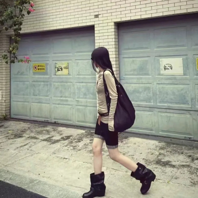 Fashion Boots Autumn New Round Toe Sleeve Metal Belt Buckle Anti-slip Wear-resistant Medium Heel Short Boots