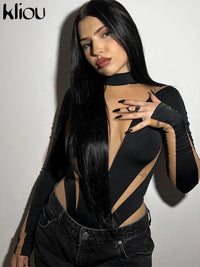 Kliou Mesh Patchwork Bodysuits Women Hipster Unique See Through Stand Collar Body-shaping Playsuit Female Casual Street Clothing
