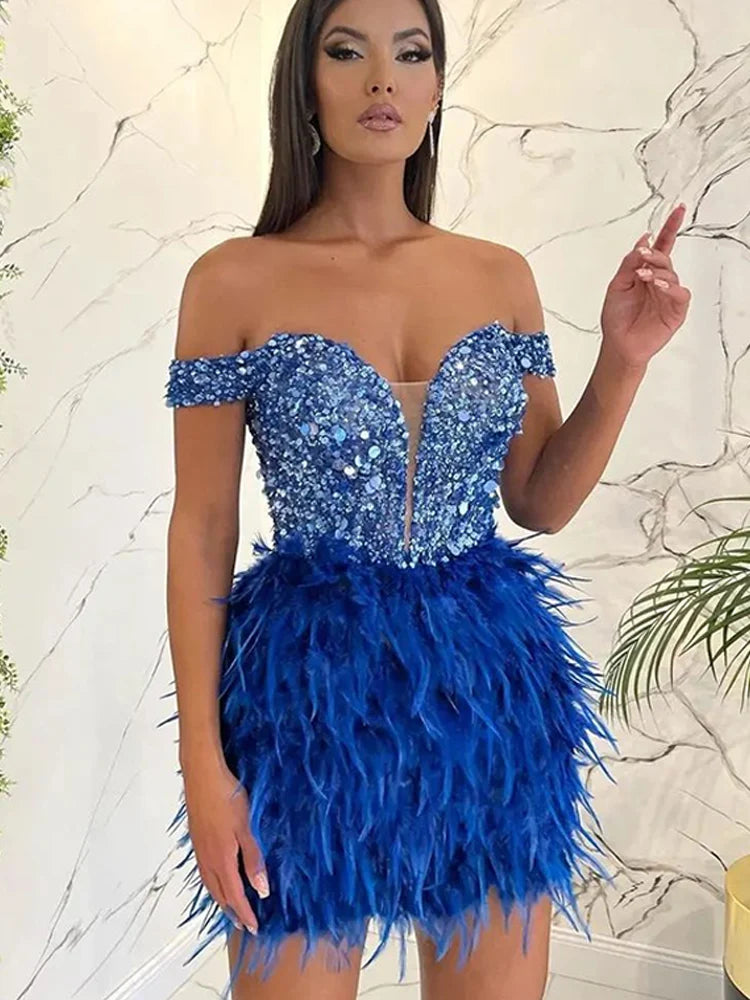 Sexy Sequins Feather Spliced Women Party Dresses 2022 Fall Sleeveless Backless Slash Neck Mini Dress Female Evening Club \