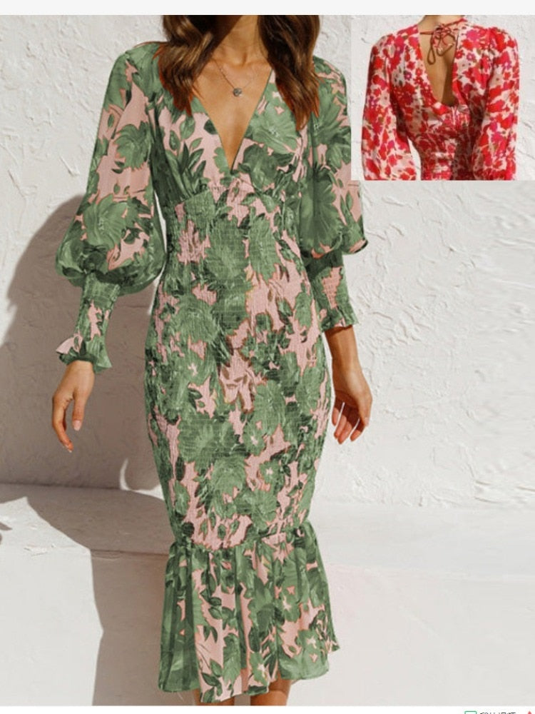 New In Summer Women's Dress Lantern Sleeve Printed Evening Women Dress Elegant Party Long Formal Occasion Dresses for Women 2023