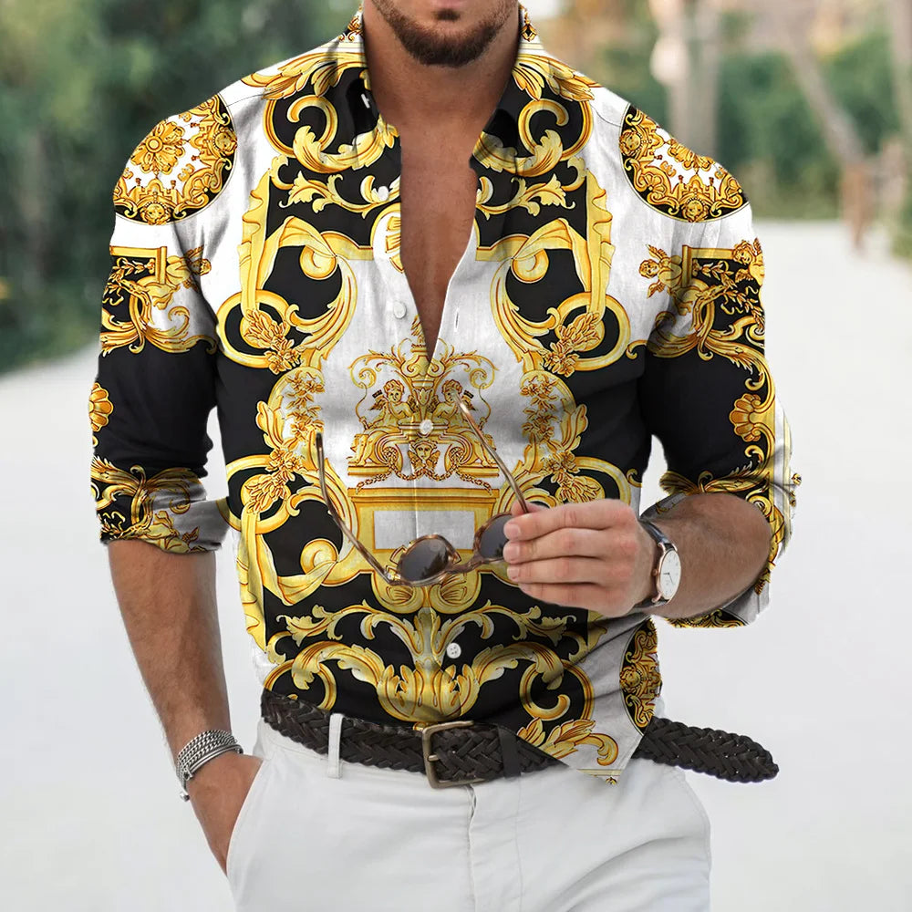 New Luxury Style Print Men's Turn-down Collar Button Shirt Casual Long Sleeve Shirt Fashion Streetwear Trend Tops Comfortable
