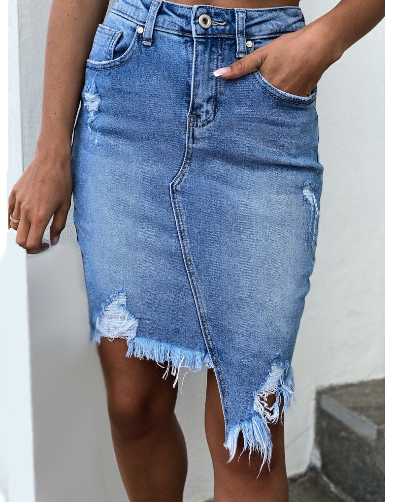 Sexy 2022 Summer New Ripped Irregular Denim Skirts For Women Fashion Street Hipster