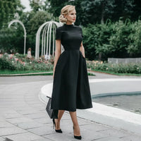 2023 Women Elegant Black Dress Half High Collar High Waist A-Line Dresses Slim Fit Dress Office Lady Female Solid Vestidos