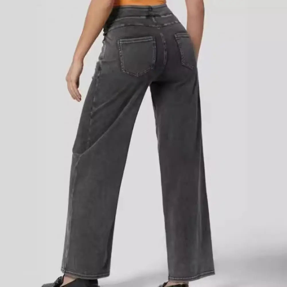Women Jeans Elastic High Waist Slim Fit Slightly Flared Pull-On Wide Leg Long Denim Pants With Pockets Solid Color Female Jeans
