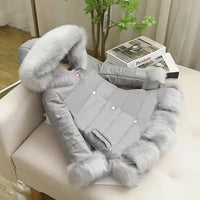 2023 Winter Kids Girls PU Leather Patchwork Faux Fox Fur Collar Down Jacket Coat Children Thick Warm Hooded Parkas Outerwear W31