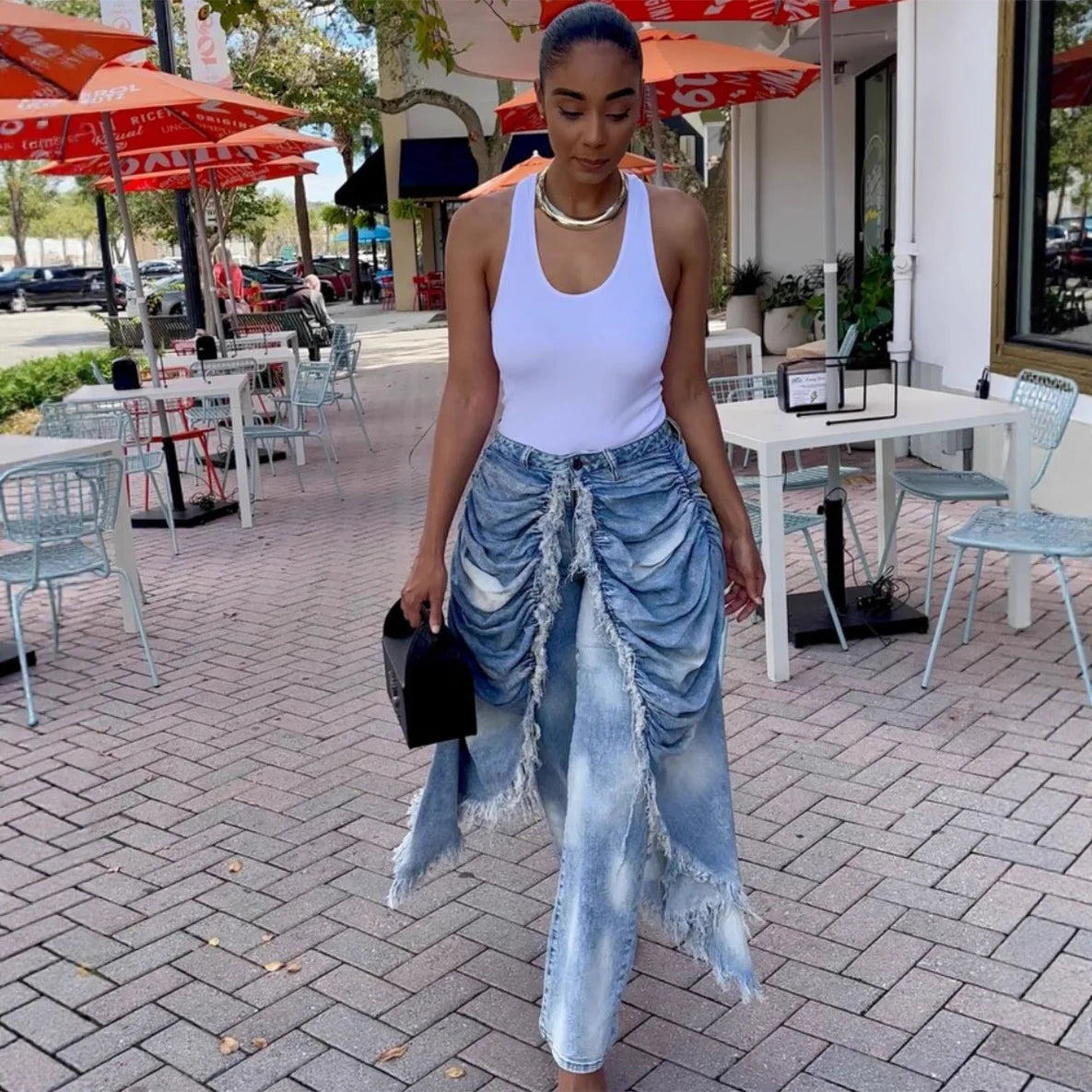 Daily Blue Pocket Ruched Frayed Trim Casual Contrast Denim Jeans High Street Vintage Casual Asymmetric Denim Trousers for Women