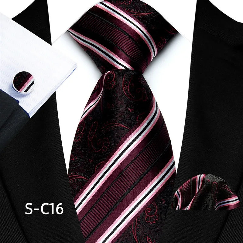 Business Mens Tie Luxury Striped 8cm NeckTie Pocket Square Cufflinks Set For Men Formal Fashion Wedding High Quality Gravata