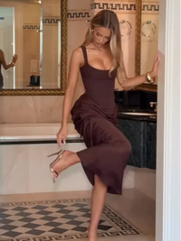 Solid Pleated Sling Dress Square Neck Sleeveless Off-shoulder Waist Cinching Slim Women Dresses Fashion Evening Party Gown 2025