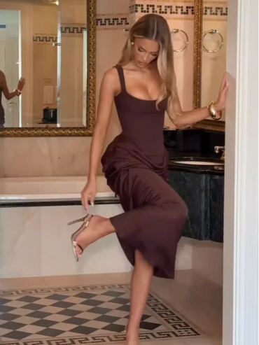 Solid Pleated Sling Dress Square Neck Sleeveless Off-shoulder Waist Cinching Slim Women Dresses Fashion Evening Party Gown 2025