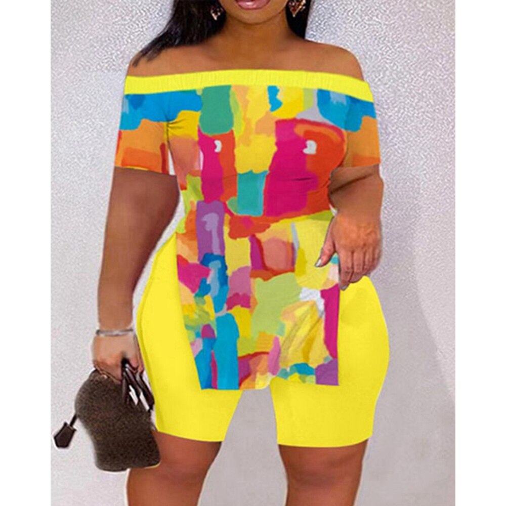 Casual Summer Women Tie Dye Print Off Shoulder Hem Split Top & Shorts Sets Short Sleeve 2 piece Suit Sets Outfits Streetwear