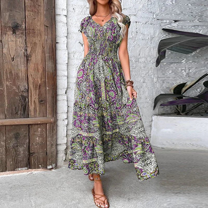 Women Vintage Print Maxi Dresses Summer Casual V Neck Short Sleeve Elastic Waist Dress Female Boho Beach Big Swing Long Dresses