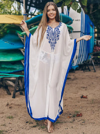 2023 Bohemian Embroider Summer Beach Dress Chiffon Tunic Women Plus Size Beachwear Kaftan Sexy Half Sleeve Maxi Dress Robe  N746