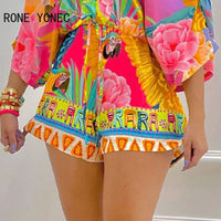 Women Sexy All Over Print with Floral Pattern Short Batwing Sleeves Lace Up Vacation Rompers