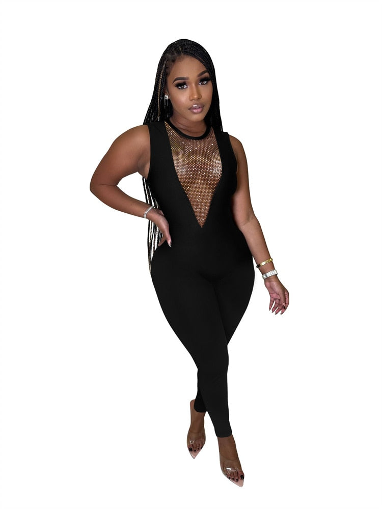 Women Sexy Mesh See Through Jumpsuit Sexy Deep V Neck Sequin Rhinestone Bodycon Jumpsuits