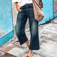 Wide-Leg Jeans For Women Washed Blue With Raw Edges Loose Fit Retro Trousers Lazy Style Trendy Trousers Daily Casual Wear