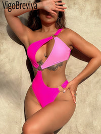 VigoBreviya 2023 Pink Hollow Strapped Swimwear Women One Shoulder Ring High Cut Bikini Sexy Backless Swimsuit Bathing Suit