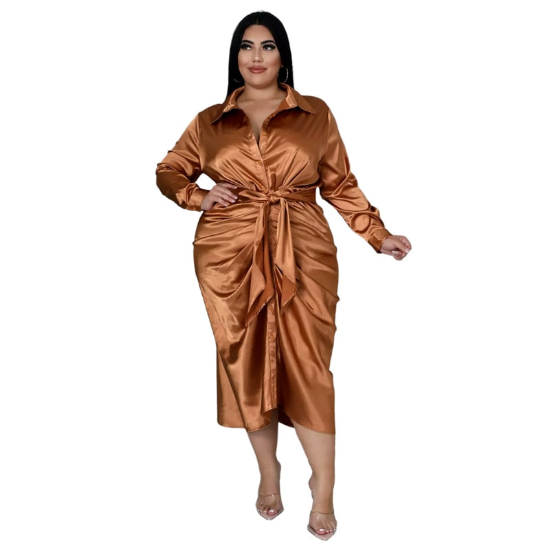 Elegant Satin Plus Size Women Shirt Dress Sexy Ruched Long Sleeve Lace –  Mega Mart Center