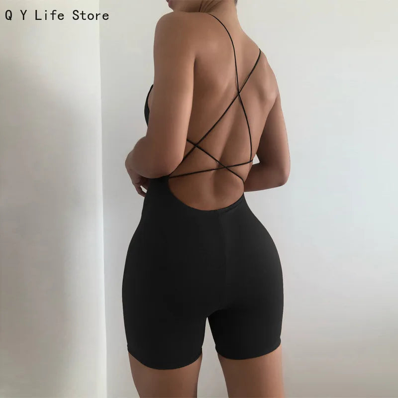 Women's Wholesale Romper Short Jumpsuit Summer 2024New Solid Color Lanyard Straight Neck Open Back Jumpsuit