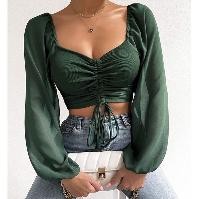 Chiffon Drawstring Crop Top Women Spring Summer Lantern Sleeve V-Neck Fashion Blouses Hight Street Skinny Sexy Shirt Y2K Clothes