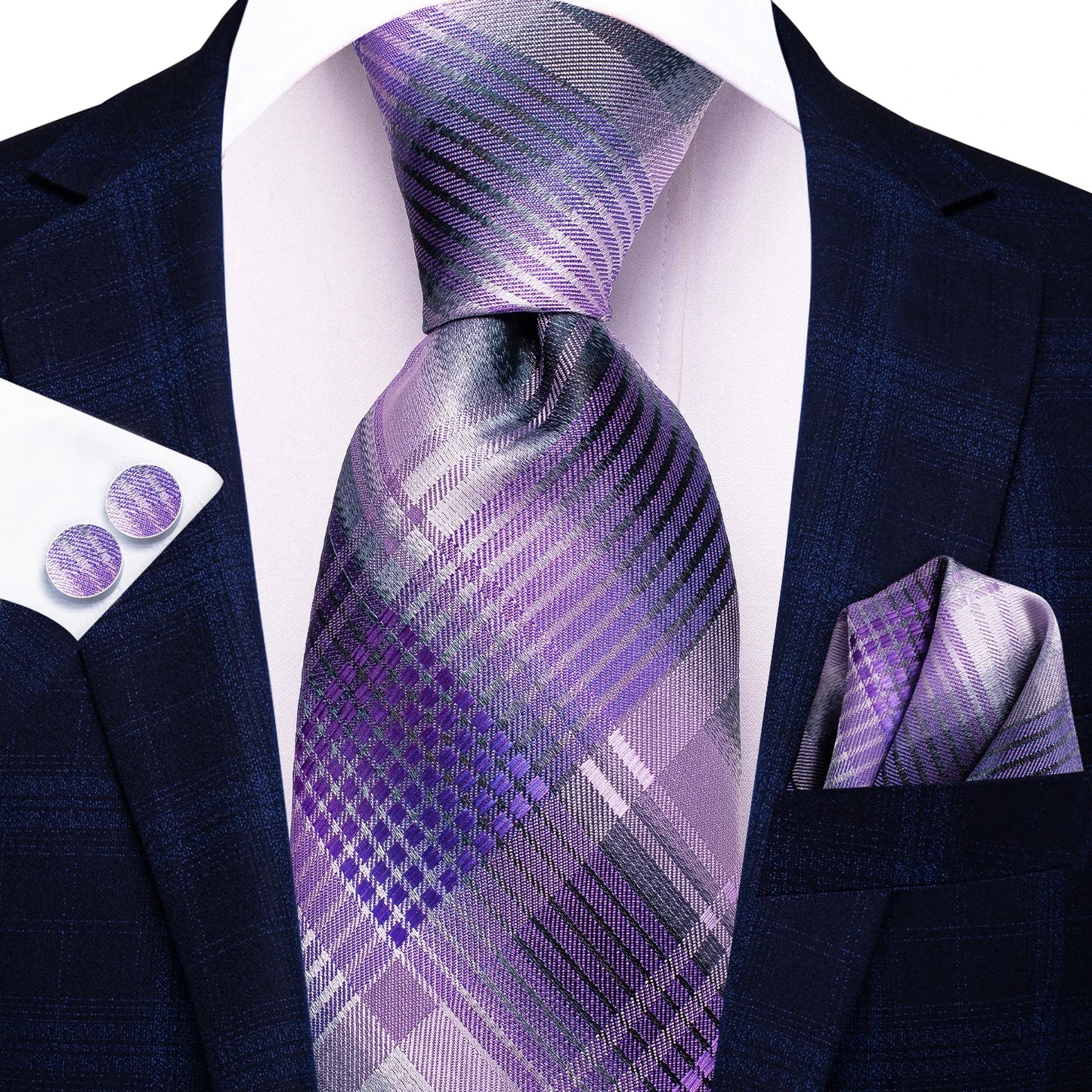 Hi-Tie Designer Silk Wedding Tie For Men Blue White Plaid Handky Cufflink Set Fashion Necktie For Men Business Party Wholesale