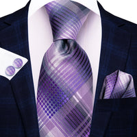 Hi-Tie Designer Silk Wedding Tie For Men Blue White Plaid Handky Cufflink Set Fashion Necktie For Men Business Party Wholesale