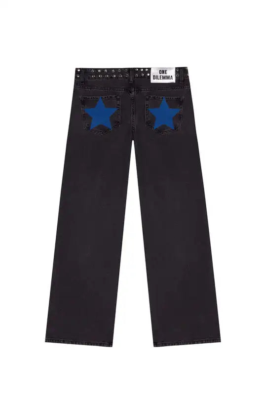 ONE DILEMMA American Fashion Jeans Womens Red Five Pointed Star Sequined Rivet Baggy Jeans Y2K Casual Mid Rise Slim Trousers