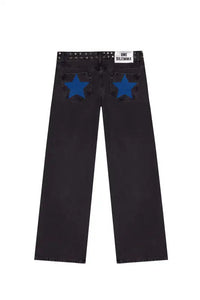 ONE DILEMMA American Fashion Jeans Womens Red Five Pointed Star Sequined Rivet Baggy Jeans Y2K Casual Mid Rise Slim Trousers