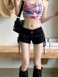 American Retro Black Sexy Mini Jean Shorts Women Y2k Summer New Low Wasit Micro Short Jeans Woman with Bandage Korean Fashion