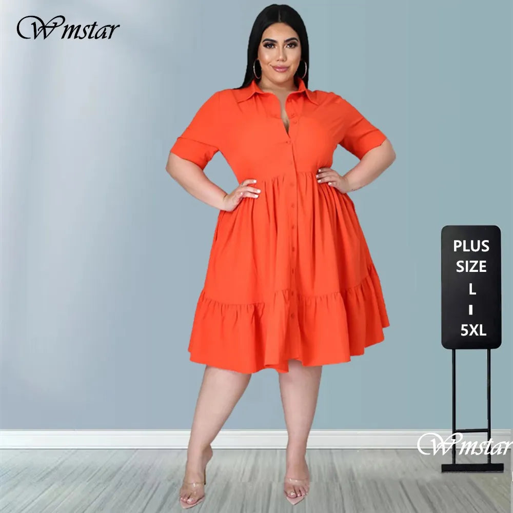 New Plus Size Dresses Women Summer Wholesale Solid Buttons Casual Turn Down Collar Knee Length Ruffle Shirt Dress Dropshipping