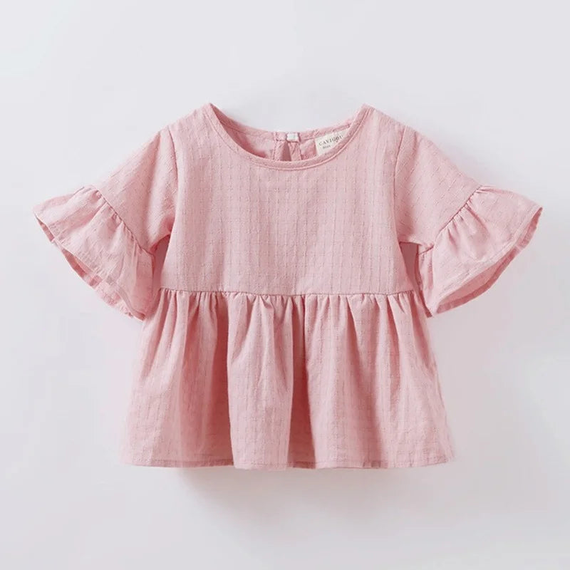 Baby Kids Girls Retro Blouse Flare Sleeve O-Neck Tops Shirt Party Ruffles Blouses Cotton Tops New Summer Cute Loose Toddler 0-4Y