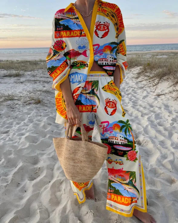 Boho Beach Holiday Print Shirt And Pants Two Pieces Sets Women Csaual Loose Long Sleeve Button Shirts Outfits Summer Pants Sets