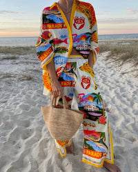 Boho Beach Holiday Print Shirt And Pants Two Pieces Sets Women Csaual Loose Long Sleeve Button Shirts Outfits Summer Pants Sets