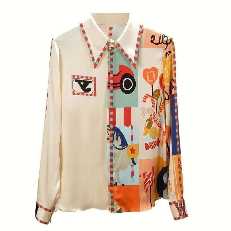 Spring and Autumn high-end shirt, women's elegant chiffon long-sleeved lapel printed top