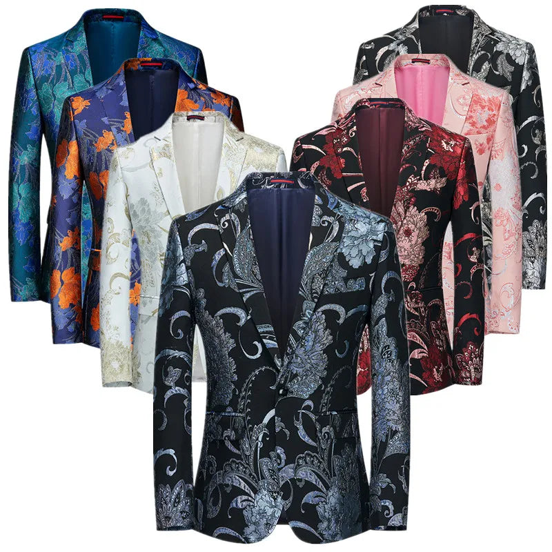 New Men Fashion Flower Suit Luxury Jacquard Jacket Homme Wedding Ball Party Single Button Blazer Singer Stage Performance Coat