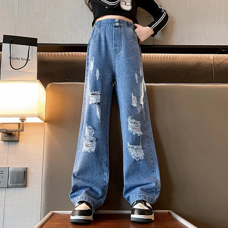 Wide Leg Jeans for Girls 6 8 9 10 11 12 14 Years Spring Autumn Loose Vintage Straight Retro Pants Fashion Teenage Kids Trousers