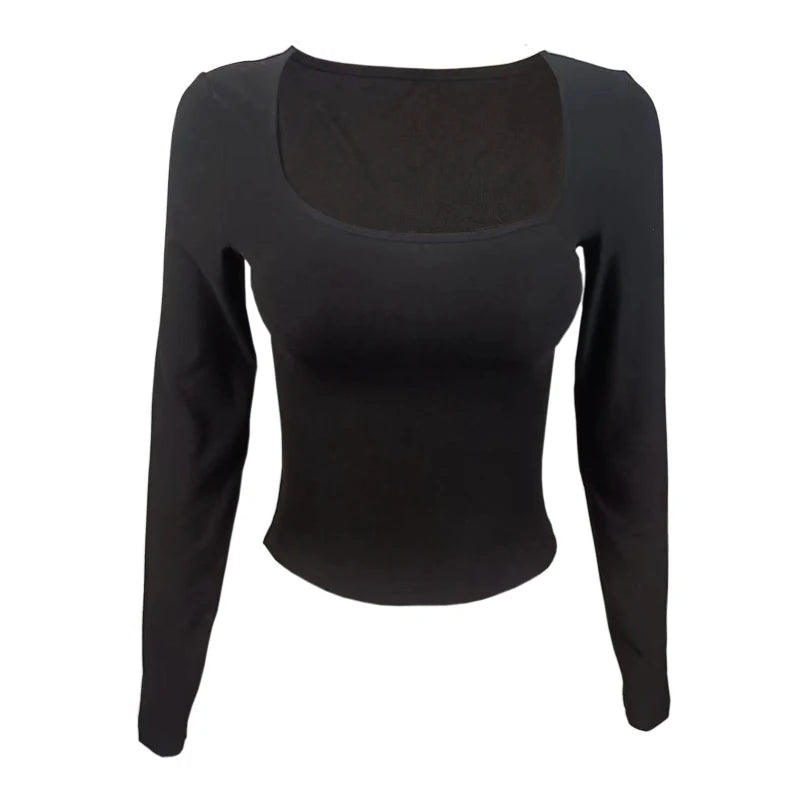 Long Sleeve T-shirt Slim Tops Sexy Woman Clothing Square-Cut Collar Close-fitting Tee Shirt Street Wear Fall 2025 New 2523