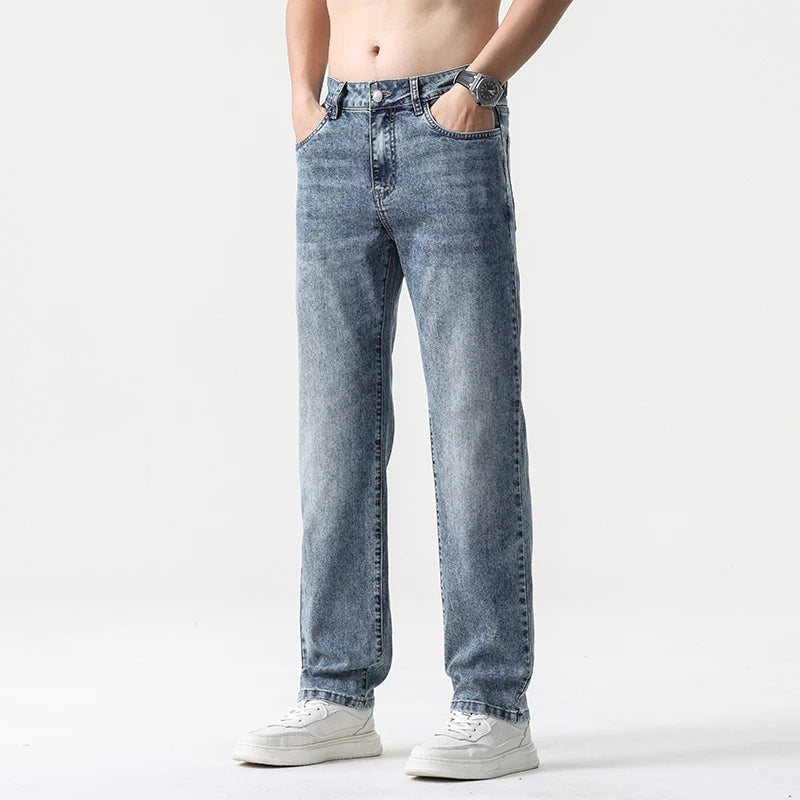 Wide Leg Jeans Men Baggy Pants Summer Straight Cut Loose Retro Blue Denim Pants Streetwear Fashion Pockets Vintage Man Clothes