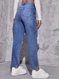 American Retro Hole-punched Jeans Women High Waist Straight-crotch Loose Slim Design High-street Vibe Wide-legged Dragging Pants