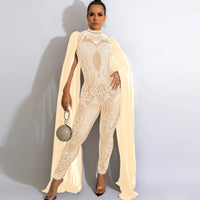 Sexy Beautiful Cape Sleeve Mesh Crystal Jumpsuits Women Rompers Luxury See-Through Outfits