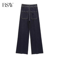 BSAY Jeans for Women Fashion Autumn Winter New Solid Color Pocket Loose Retro High Waist Wide Leg Pants Chic Female Trousers