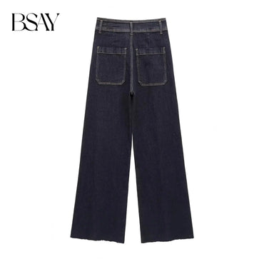 BSAY Jeans for Women Fashion Autumn Winter New Solid Color Pocket Loose Retro High Waist Wide Leg Pants Chic Female Trousers