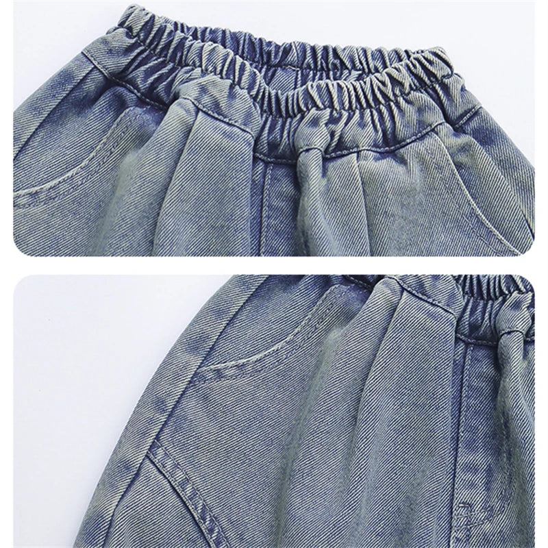 New Kids Designer Baggy Jeans for Little Girls Casual Blue Denim Pants Toddler Children Loose Trousers Age 2 3 4 5 6 7 8 9 Years