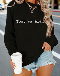 Women's Sweatshirt  "Tout va bien" French Letter Print Crew Neck Casual For Fall & Spring, Women's Clothing