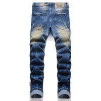 EH · MD Spliced Jeans Men's Embroidery English High Elastic Small Feet Pants Worn Down Wool 3D Printing Zipper Slim Fit Gradient