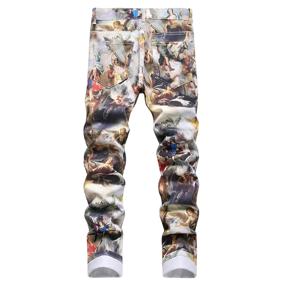 Men Classical Painting Print Jeans Fashion Angel Immortal Stretch Pants Slim Tapered Denim Trousers