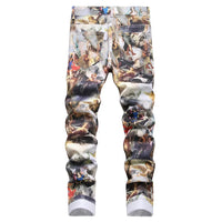 Men Classical Painting Print Jeans Fashion Angel Immortal Stretch Pants Slim Tapered Denim Trousers