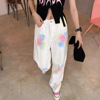 Baggy Jeans Y2k Wide Jeans for Women Trend Tie Dye Straight Printed Women's Summer Trousers Vintage Hippie Denim Pants Patchwork