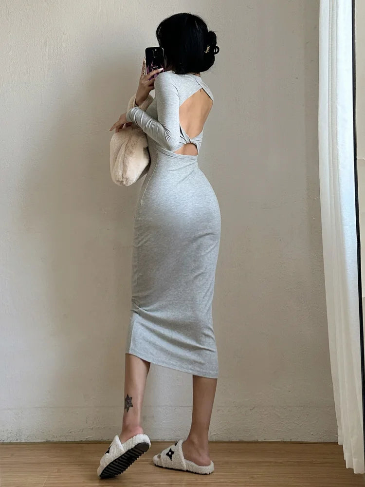 Sexy Backless WOMENGAGA Kink Maxi Long Dress Long-sleeve Round Neck Tight Slim Maxi Dress Long Robe Fashion Women Tops IT2O