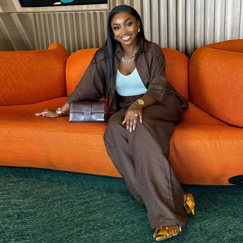Spring and summer casual shirt long pants two-piece set 2025 new women's fashion lapel loose suit women's daily wear