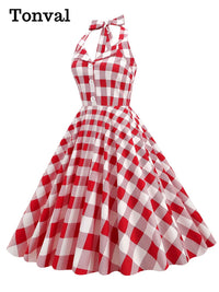 Tonval Gingham 50s Style Red Plaid Rockabilly Vintage Dresses for Women Button Front Halter Party Elegant Backless Dress